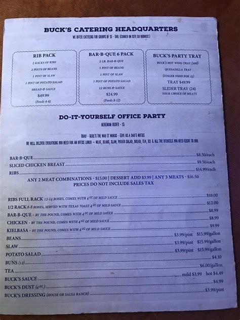 Menu at Bucks Bar, Corinth