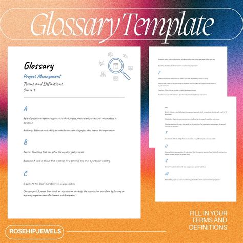 Vocabulary Glossary Template Terms and Definitions Customizable for ...