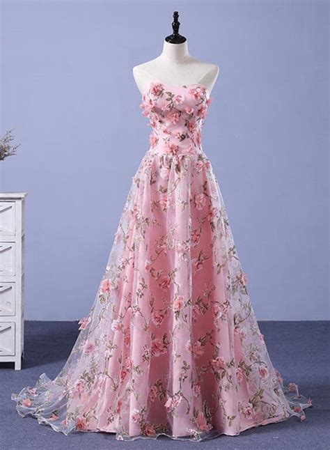 Dark Pink Tulle Flowers Long junior Prom Dress, Pink Party Gown ...