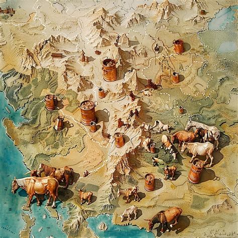 The nomadic tribes of Mongolia stand on the map of Asia and give their copper cans of milk to ...