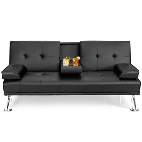 Costway Convertible Folding Futon Sofa Bed Leather w/Cup Holders&Armrests Black - Walmart.com