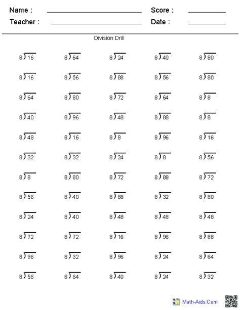 Fitfab: 8 Times Table Division Facts Worksheet