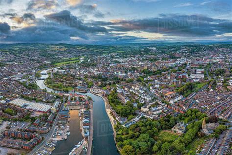 Aerial view over Exeter city centre and the River Exe, Exeter, Devon ...