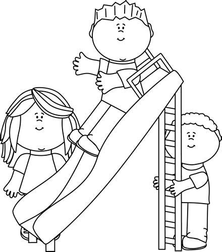 Black and White Kids Playing on a Slide Clip Art - Black and White Kids ...