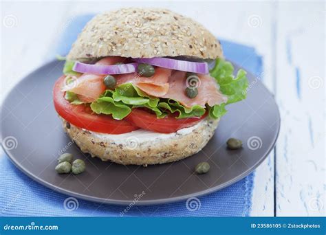 Smoked salmon burger stock image. Image of plate, sandwich - 23586105