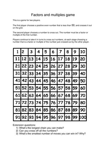 Factors and Multiples game | Teaching Resources