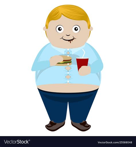 Fat boy eating a cheese burger with a soda Vector Image