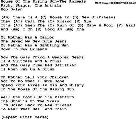 Country Music:House Of The Rising Sun-The Animals Lyrics and Chords ...