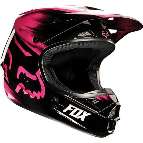 the fox helmet is pink and black with white letters on it's side, while the