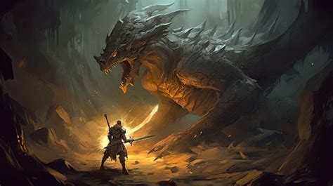 Premium AI Image | Knight fighting a dragon Fantasy concept Illustration painting Generative AI