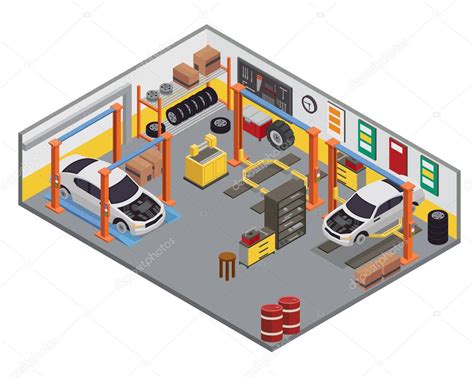 Modern Isometric Car Workshop Garage Interior Design — Stock Vector ...