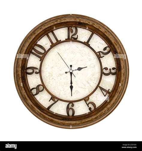 Wooden round analog wall clock isolated on white background, its half ...