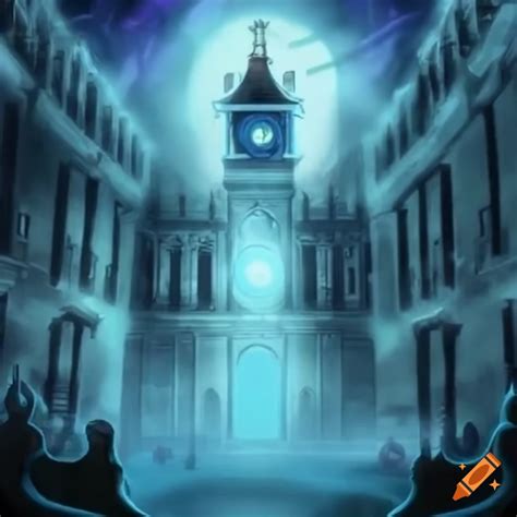 Dark and foggy scene from yugioh featuring clock tower prison