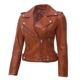 Tan Biker Asymmetrical Ladies Leather Jacket – Jackets Empire