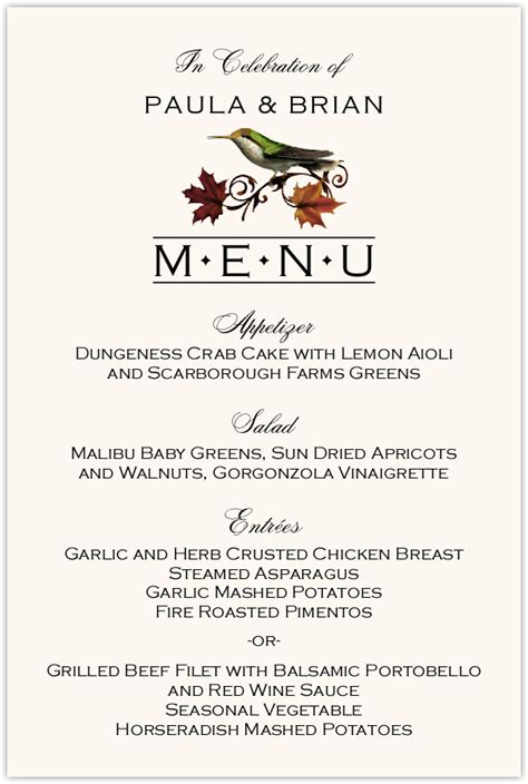 Fall Indy Wedding Menu Cards and Rehearsal Dinner Menus with Birds and Autumn Leaves - Documents ...