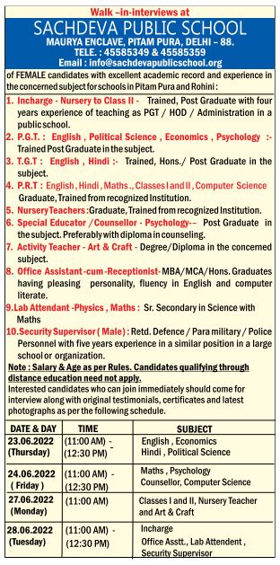 Sachdeva Public School, Delhi Wanted Teachers and Non-Teaching Staff ...