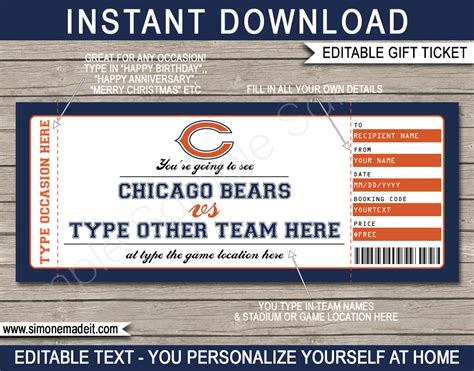 Chicago Bears Game Ticket Gift Voucher | Printable Surprise Football Tickets