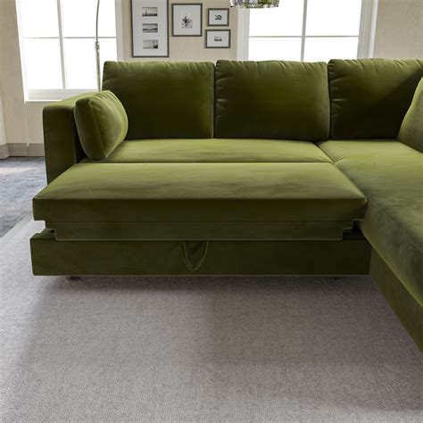 Olive Green Velvet L Shaped Sofa Bed with Storage - Seats 4 - Boe - Furniture123