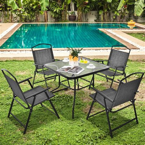 BABOOM Outdoor Patio Dining Table Set 5-Piece Gray Patio Dining Set Steel Square Table with 4 ...