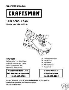 Craftsman 16 " Scroll Saw Manual Model # 137.216010 | eBay