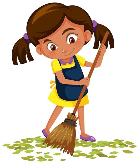 Premium Vector | Girl sweep the leaves on the floor