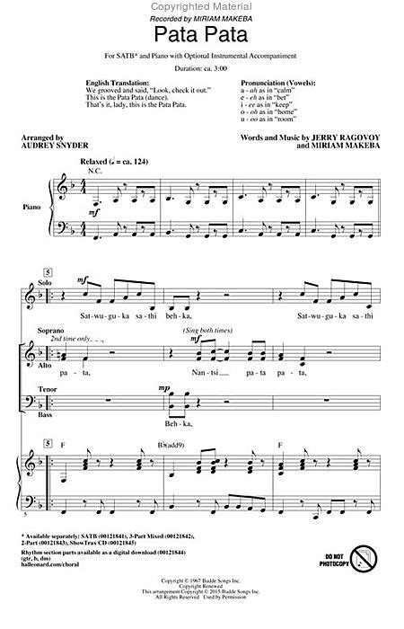 Pata Pata Sheet Music By Miriam Makeba | Sheet music, Song sheet, Sheet ...