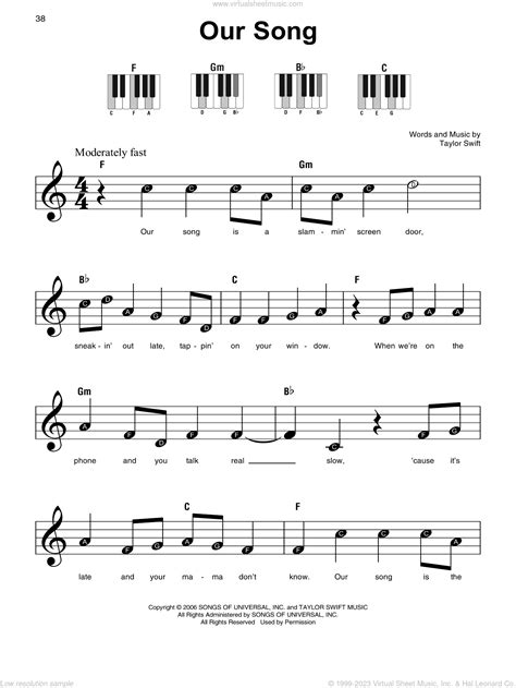 Swift - Our Song, (beginner) sheet music for piano solo (PDF)