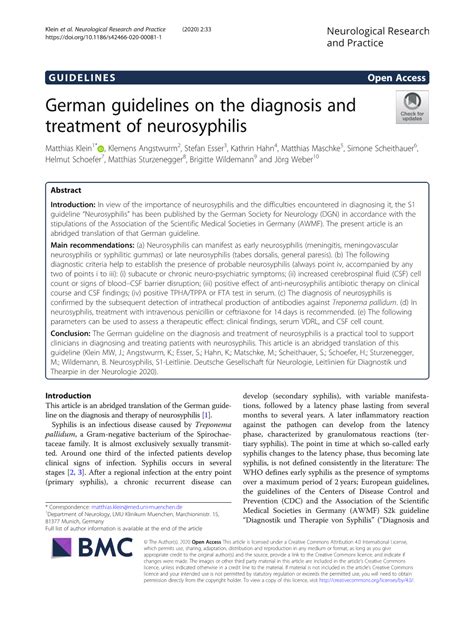 German Guidelines on the Diagnosis and Treatment of Neurosyphilis - DocsLib