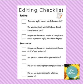 4th Grade Editing Checklist by MissPhillips | TPT