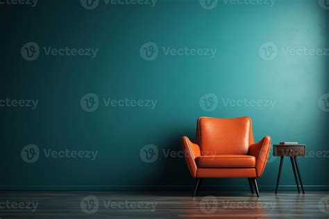 AI generated Stylish leather orange armchair and table against blue wall, minimalist interior ...