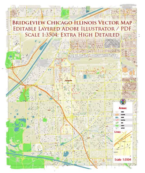 Bridgeview Illinois Chicago US City Vector Map Exact High Detailed editable Adobe Illustrator ...