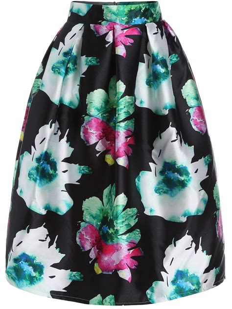 Florals Flare Zipper Green Skirt -SheIn(Sheinside)