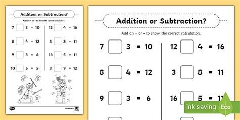 Addition or Subtraction Symbol? Worksheet | Twinkl Resources