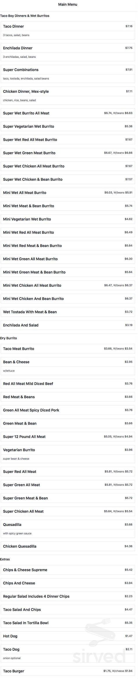 Taco Boy Restaurant menu in Mt Pleasant, Michigan, USA