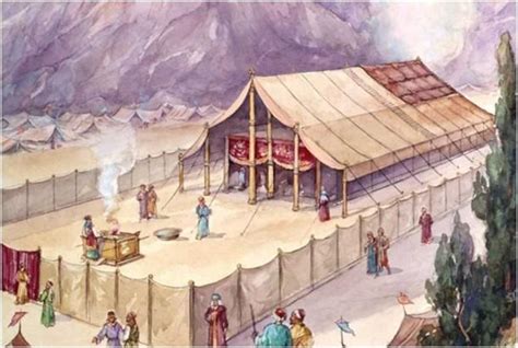 an illustration of a stage with people standing around it and mountains in the back ground