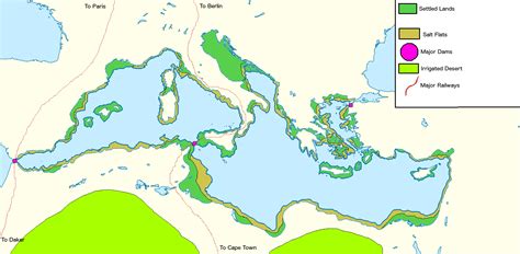 Revised map of the Mediterranean after commissioning of the Atlantropa ...