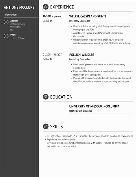 Inventory Controller Resume Samples | Velvet Jobs