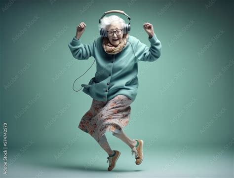 Happy grandma dancing with headphones and having fun in a cheerful mood. Cheerful elderly lady ...