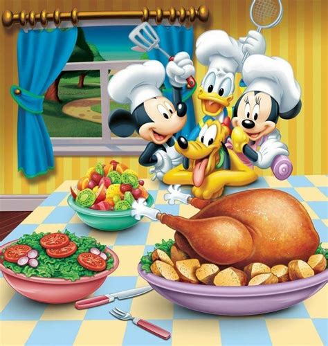 an image of mickey mouse and friends at the dinner table with food in ...