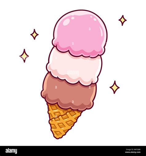 Cartoon Neapolitan ice cream drawing. Vanilla, strawberry and chocolate scoops in waffle cone ...