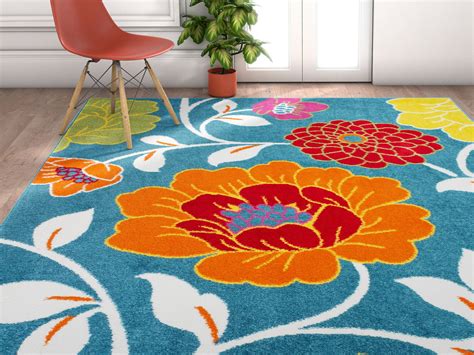 Well Woven Modern Rug Daisy Flowers Blue 5'X7' Floral Accent Area Rug Entry Way Bright Kids Room ...