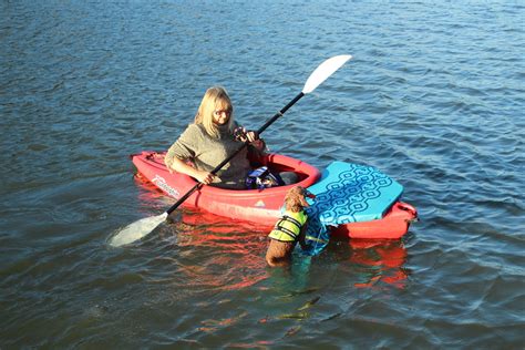 custom designed deck with folding ramp to allow small dog to remount the kayak after they dive ...