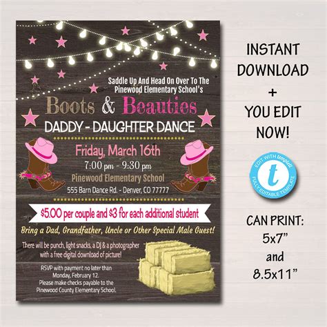 EDITABLE Daddy Daughter Barn Dance Set School Dance Flyer Invitation, Boots & Beauties, Church ...