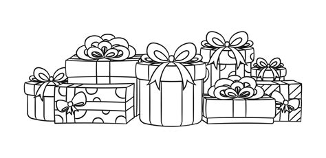 Colorful festive gifts, boxes and presents outline cartoon illustration ...