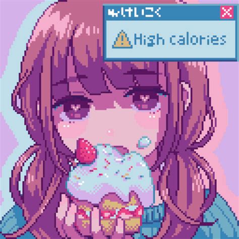 an anime character with long hair holding a cupcake in her hands and the words high calories on it