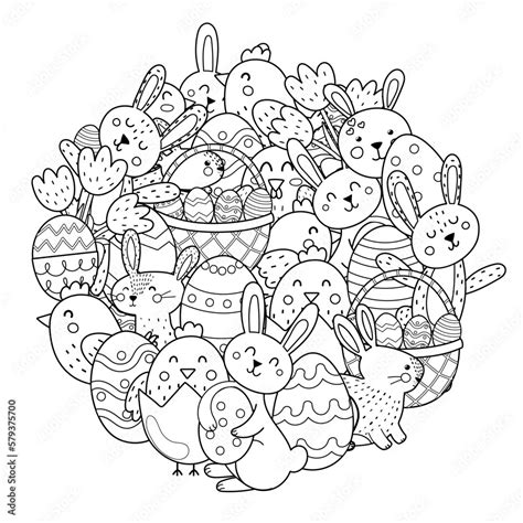 Cute Easter bunnies and chicks circle shape coloring page. Doodle mandala with Easter characters ...