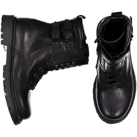 Diesel Boys Black Leather Combat Boots with Studded Strap and Laces for ...