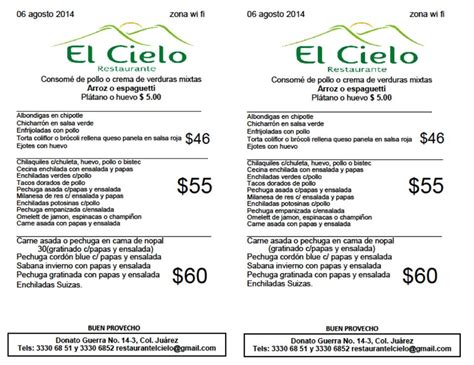 Menu at Restaurante "El Cielo", Mexico City, Donato Guerra 14