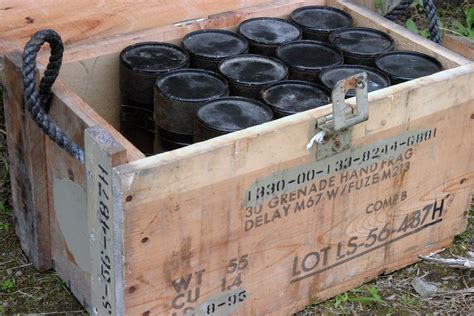 PHOTO of a crate of M67 fragmentation hand grenades for use at the Grenade Range Camp Fuji ...