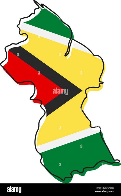 Stylized outline map of Guyana with national flag icon. Flag color map of Guyana vector ...